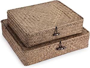 Hipiwe Set of 2 Flat Woven Wicker Storage Bins with Lid Natural Seagrass Basket Boxes Multipurpose Home Organizer Bins Boxes for Shelf Organizer (Coffee) added by Kayla Clark
