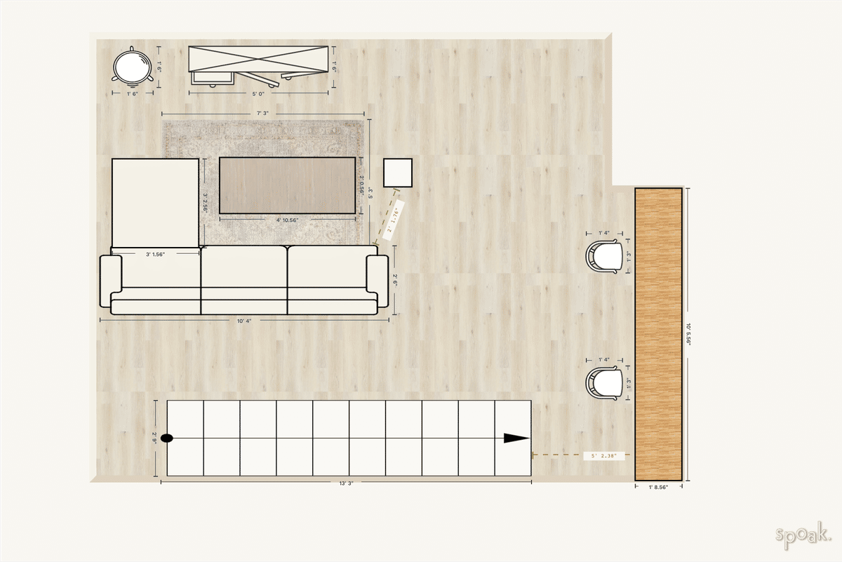 Large Family Room Layout designed by Karina Cifuentes