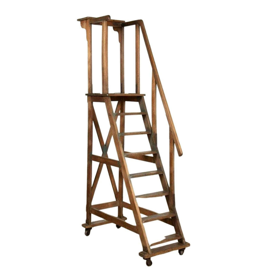 Antique Ladder, Rolling Library Wooden, Single Ledge with Railing Early 1900s! added by Joilyn Jackson