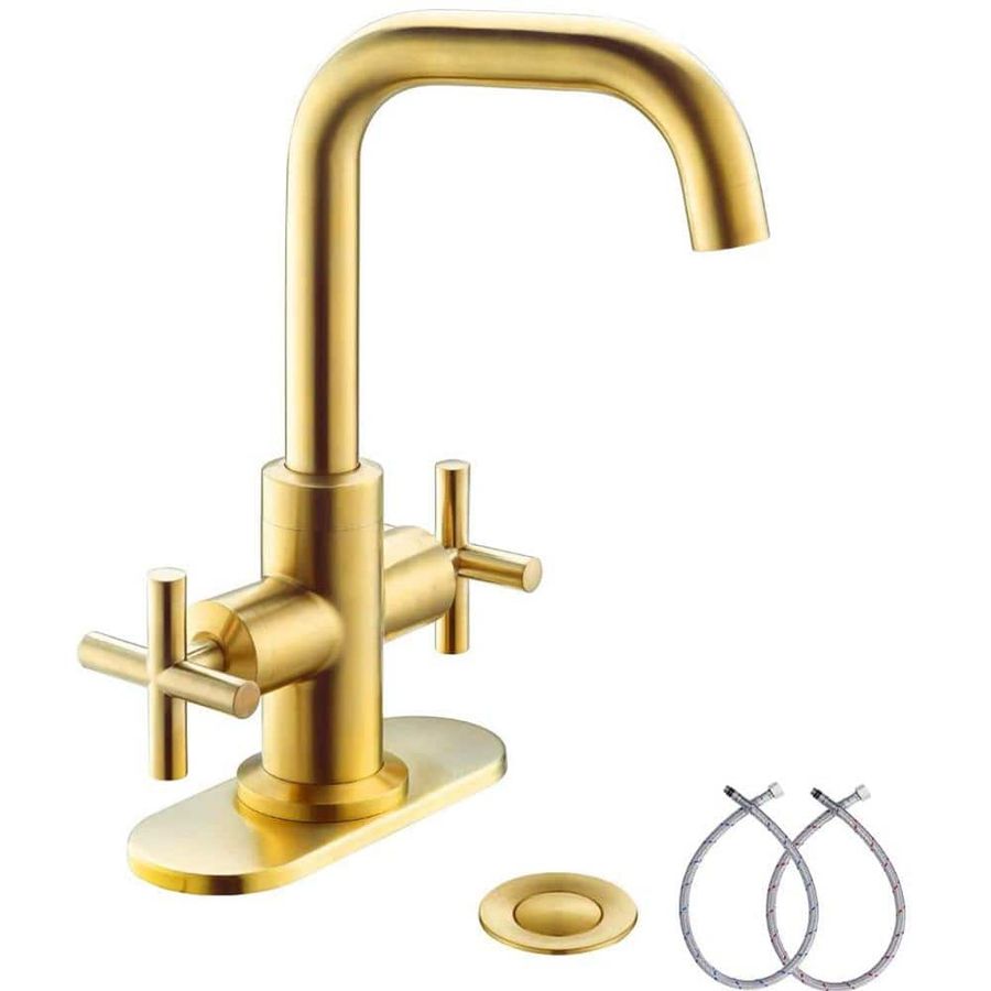 Phiestina Brushed Gold 2-Handle 4 Inch Centerset Bathroom Faucet with Drain, Deck Plate and Supply Hoses HDSGF002-10-BG - The Home Depot added by Blake Riley