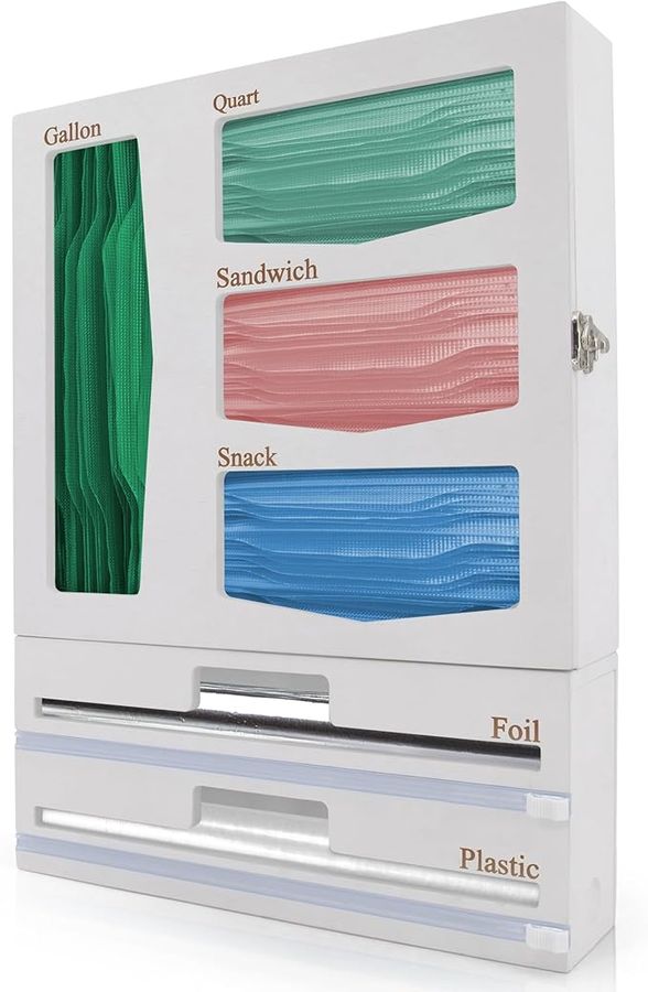 Ziplock Bag Organizer - Bamboo Dispenser with Cutter for Foil & Plastic Wrap. 6-in-1 Wall Rack/Storage Organizer for Drawer. 2-Section Customizable Kitchen Storage. Easy Open/Close. White added by Rachel Fedorov