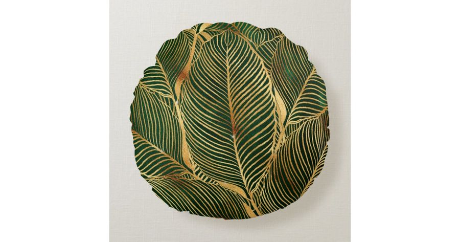 Gold Leaves Forest Green Elegant Pattern Round Pillow | Zazzle added by Courtney Lorah