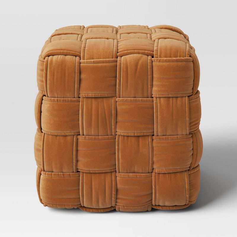 Square Woven Pouf Ottoman Gold Velvet - Threshold™: Upholstered Cube, No Assembly Required added by Anna Perry