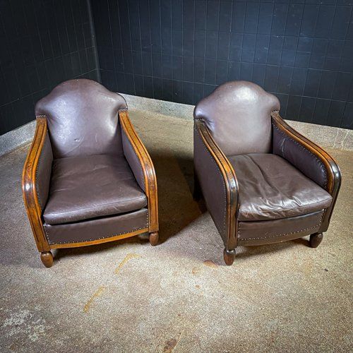 Art Deco Leather Armchair with Wooden Armrests added by Rescued Room Design