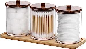 Tbestmax 10 Oz Cotton Swab/Ball/Pad Holder with Vanity Tray, Qtip Apothecary Jar, Clear Bathroom Containers Dispenser for Storage 3 Pack Black Lids added by Emily Monsees
