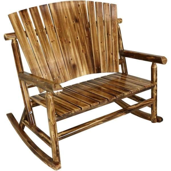  Rustic Fir Wood Log Cabin Outdoor Rocking Chair Loveseat with Fan Back Design, 2-Person 500 lbs. Capacity added by Spoak Member