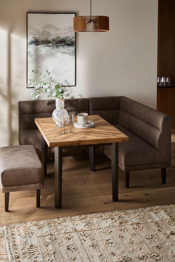 Buy Monza Faux Leather Peppercorn Brown Bronx 6 Seater Dining Table and Corner Bench Set from the Next UK online shop added by Vanessa Grech