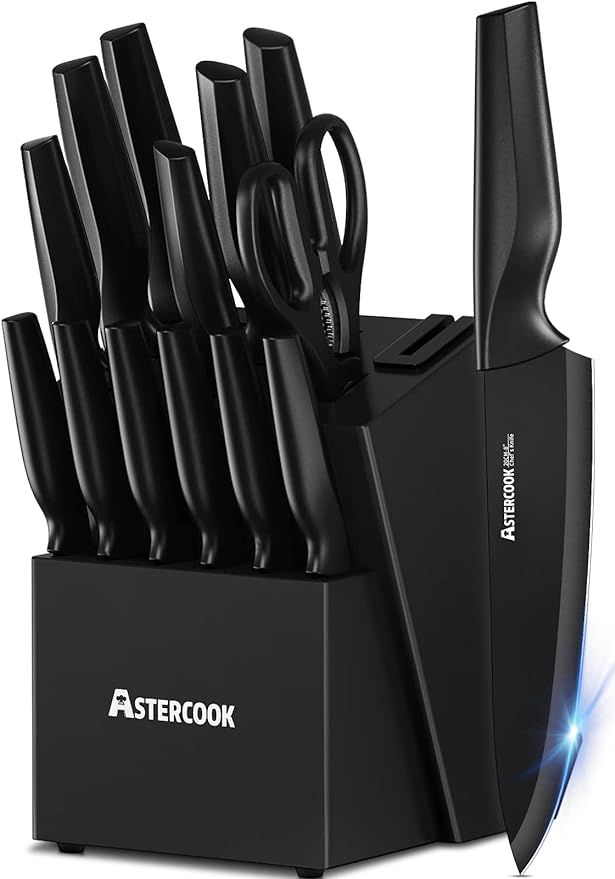Astercook Knife Set, Kitchen Knife Set with Built-in Sharpener Block, Dishwasher Safe, 15 Pieces German Stainless Steel Knife Block Set, Black added by Meg Flores