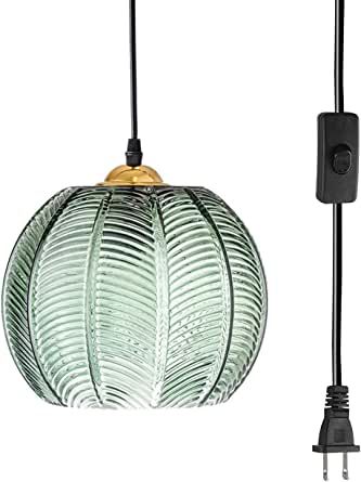 Plug in Glass Pendant Light Fixtures mid Century Modern Chandelier Green Shade Globe Ceiling Light Plug in with ON/Off Switch Plug in Hanging Light for Living Room Dining Room Bedroom Kitchen added by Jenna Quinones