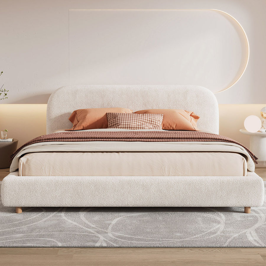 Latitude Run® Boucle Fabric Upholstered Platform Bed with Curve-Shaped Design Headboard | Wayfair added by Gianna Meliso