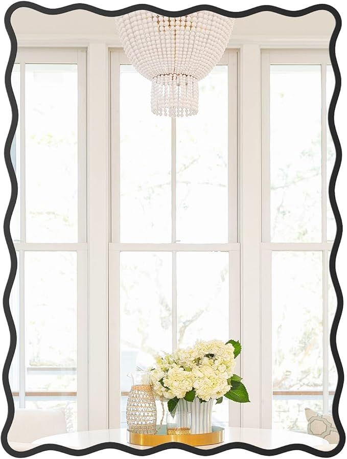 18""x24"" Wavy Mirror,Black Bathroom Mirror,Wood Framed Waved Edge Accent Mirror,Rectangular Wall Mirror,Decorative Vanity Mirror,Farmhouse Irregular Mirror for Bedroom Entryway Living Room added by Sarah Jackson