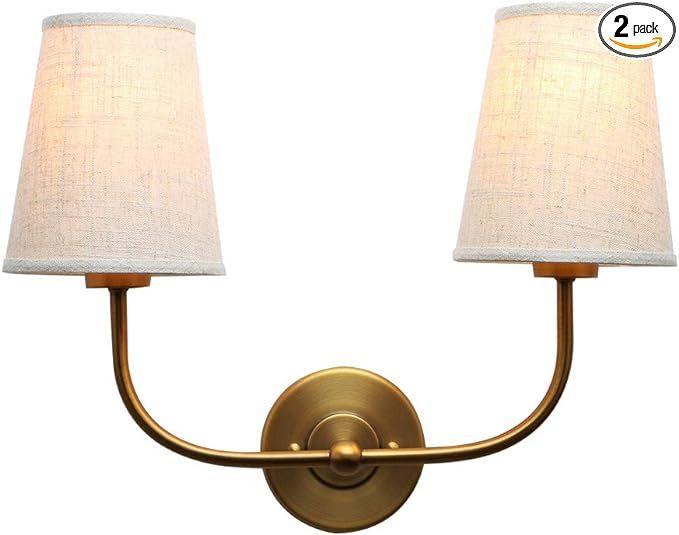 PERMO Vintage Double Sconce Antique 2-Lights with Flared Funnel Linen Beige Fabric Shade added by Karleigh Miller