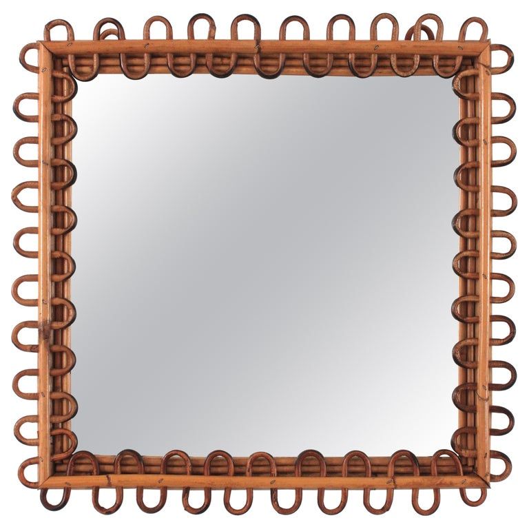 Italian Riviera Franco Albini Rattan Square Sunburst Mirror, Loop Design, 1950s added by Alta Projects