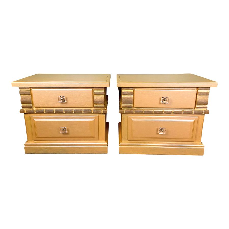 Modern 80s Gold Wood Nightstands Lucite Pulls - Pair of 2 added by Suga Lane / ABBY ESSIE STUDIOS