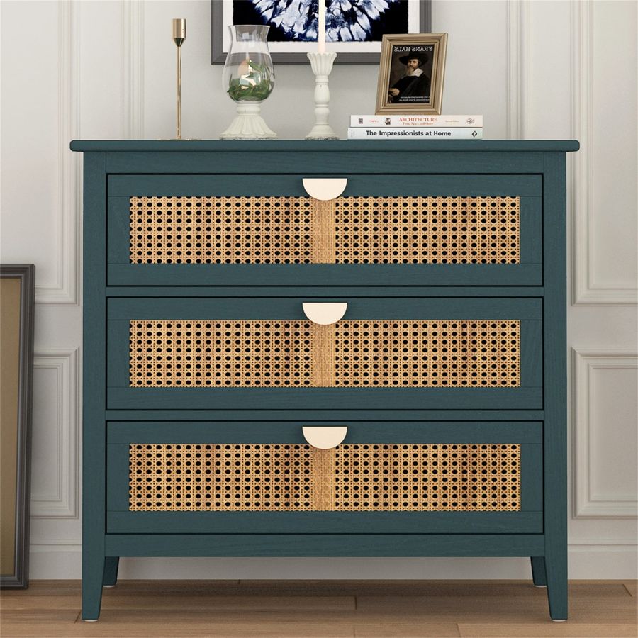 Resenkos Rustic Wood Dresser for Bedroom with 3 Rattan Drawers, Metal Handle Storage Nightstand, Green Finish - Walmart.com added by Brooke Hartman