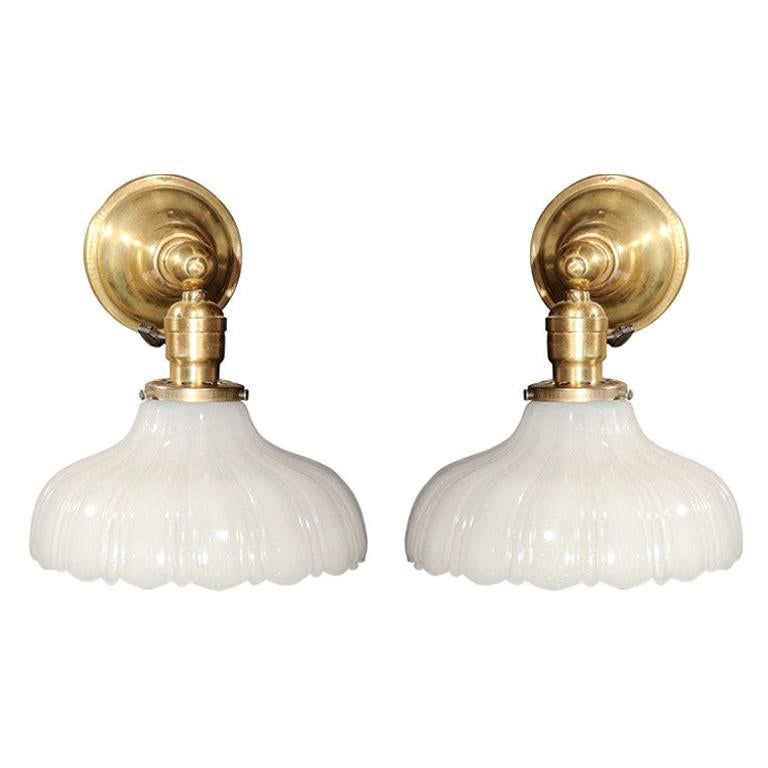 Pair of Scalloped Milk Glass and Brass Wall Sconces added by Amanda Bayer