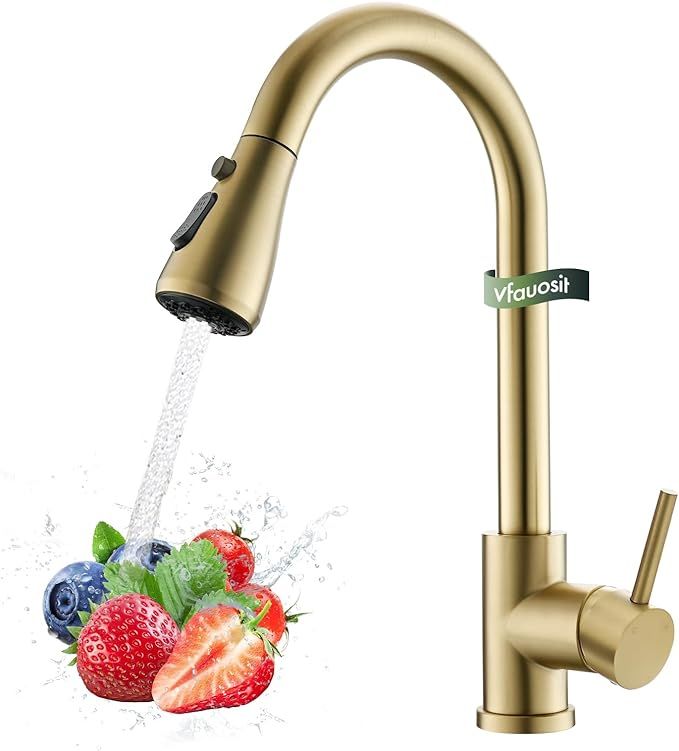 Gold Kitchen Faucet, Brass Kitchen Faucet with Pull Down Sprayer, Single Hole Stainless Steel Brushed Gold Faucet for 3 Hole Kitchen Sink Gooseneck for Commercial Modern Camper RV Farmhouse Bar Sink added by Erica Ramon