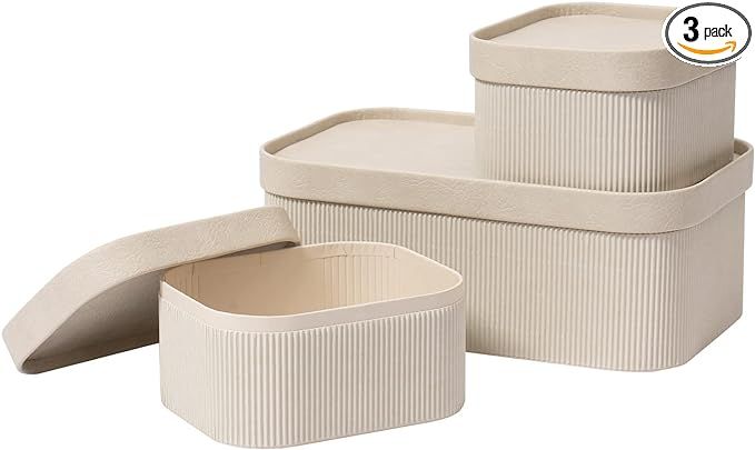 Light Gray Decorative Storage Boxes With Lids, Storage Baskets with Leather-Like Lids, Sturdy Stackable Paper Boxes Decorative Tray, Modern Basket Organizer Bins for Jewelry Shelve Bathroom Bedroom Organizing, Set of 3 added by Sarah Jackson