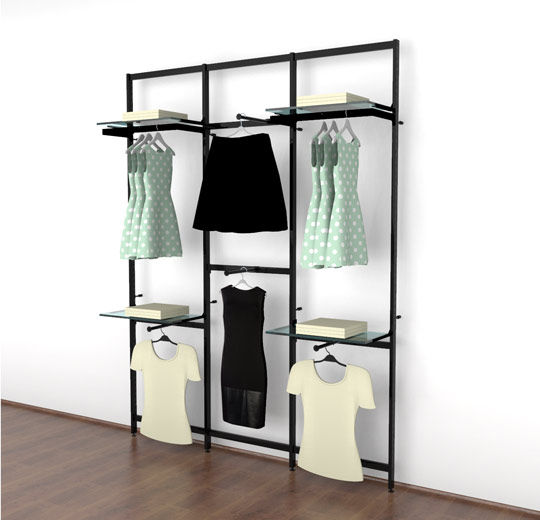 Vertik Wall Mounted Retail Clothing Display Unit for 4 Shelves w/4 Hooks, 2 Hanging Rails | 3-Sections - UDIZINE added by kristie efferen