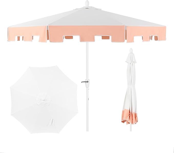 JONATHAN Y UMB1000C Baiona 9 ft. Classic MidCentury Market Patio Umbrella with UV Protection, Auto-Tilt, Crank and Wind Vent in White/Coral Pink added by Chandler Beasley