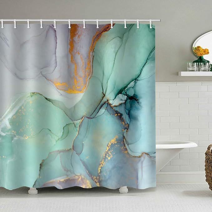 natu2eco Colourful Marble Shower Curtains for Bathroom Sets Fabric with 12 Hooks Watercolor Abstract Ink Paint Blue Green Jade Texture Purple and Gold Stripes Machine Washable Digital Printing Decor added by Carmella Britt