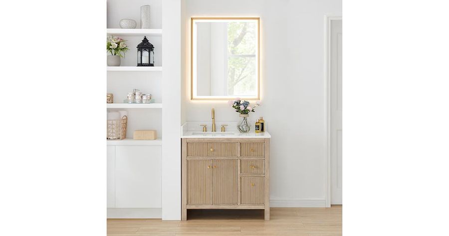 Altair 567036-NK-GW Cerrito 36" Free Standing Single Basin Vanity Set with Cabinet, Engineered Stone Vanity Top, and Framed Mirror | Build.com added by cristina moretti