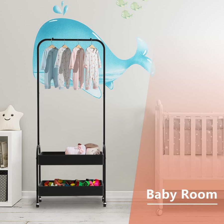 HIDODO Black Clothing Rack, Portable Garment Rack Rolling Clothes Organizer with 2 Tier Metal Baskets, Laundry Cart with Hanging Rack, Small Wardrobe Rack on Wheels for Bedroom, Laundry and Entryway added by Spoak Member