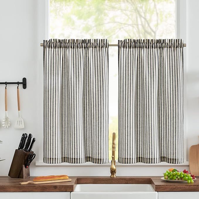 jinchan Kitchen Curtains Striped Tier Curtains Ticking Stripe Linen Curtains Pinstripe Cafe Curtains 36 Inch Length for Living Room Bathroom Farmhouse Curtains Rod Pocket 2 Panels Black on Beige added by Grace Zodikoff