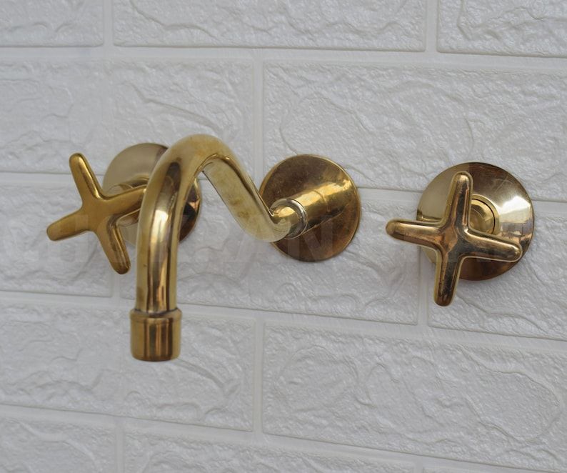 Unlacquered Solid Brass Wall Mounted Bathroom Faucet, Cross or Flat Handle with Valve added by Kate Lynn Nemett
