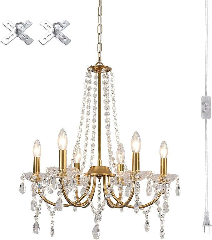 Plug in Crystal Gold Chandeliers Lighting Fixture 6 Light Modern Crystal Chandelier with 15.75feets Plug in Cord Gold Mini Plug in Chandelier for Dining Room Bedroom Entryway Bathroom Closet added by Sherry Brown