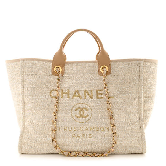 CHANEL Mixed Fibers Calfskin Medium Deauville Tote Light Beige | FASHIONPHILE added by Jenna Quinones