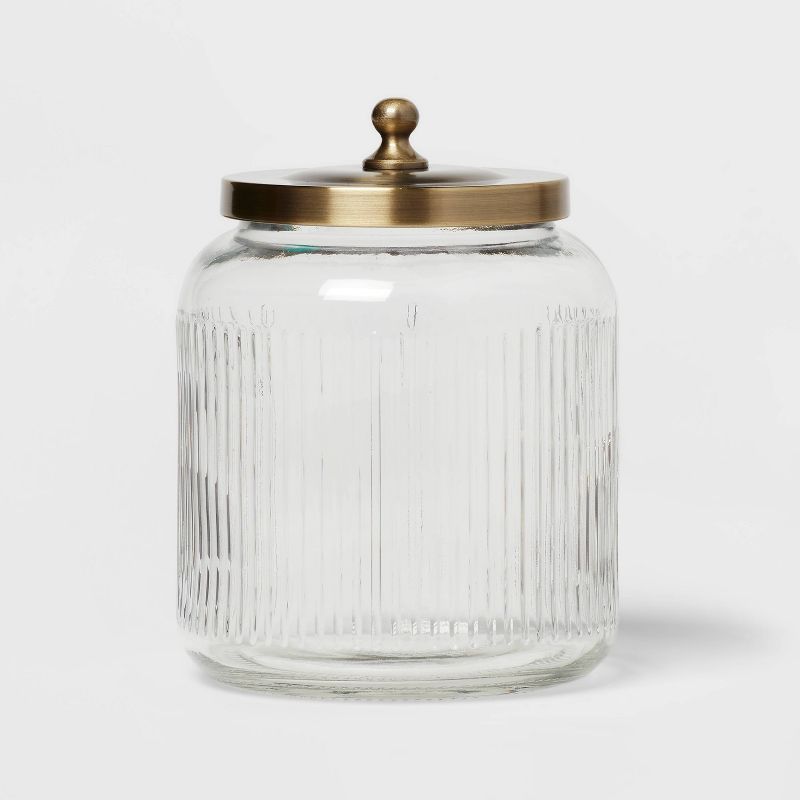 Medium Glass Bath Canister Brass - Threshold™: Elegant Storage Jar with Lid for Bathroom Organization, 43.9oz Capacity added by Where The Heart Is Designs