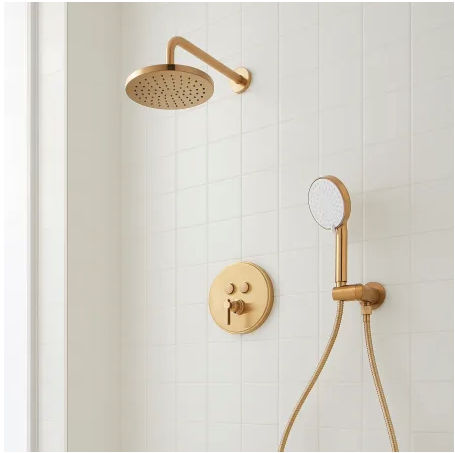Signature Hardware 487960 Greyfield Pressure Balanced Shower System with Shower Head, Hand Shower, Hose, and Valve Trim with Diverter - Rough In Included - Brushed Gold or Aged Brass added by Kate Lynn Nemett