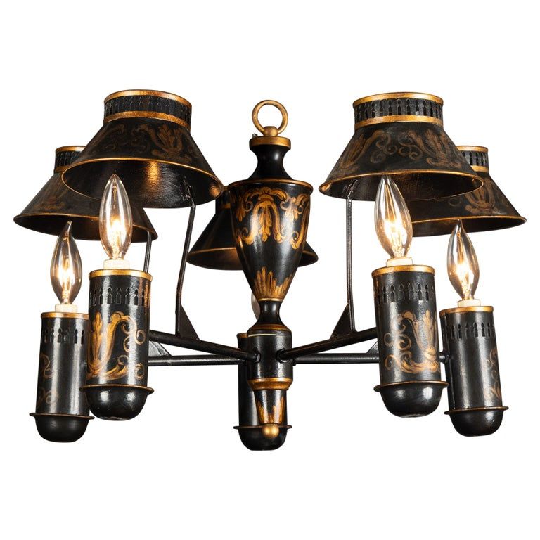 Hand Painted Black and Gold French Tole Chandelier with Light Shades added by Serena Finnerty
