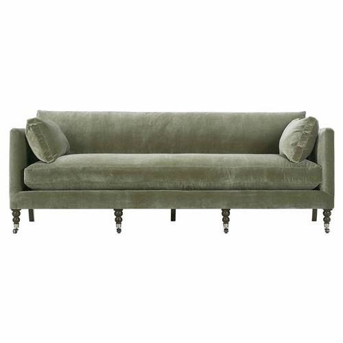 Madeline French Green Upholstered Brown Wood Brass Casters Nailhead Sofa - 90"W added by Felicia Dobkowski