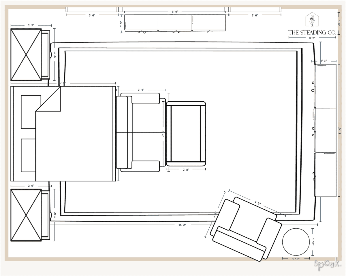 Large Rectanglar Bedroom Layout designed by Katie Wilson