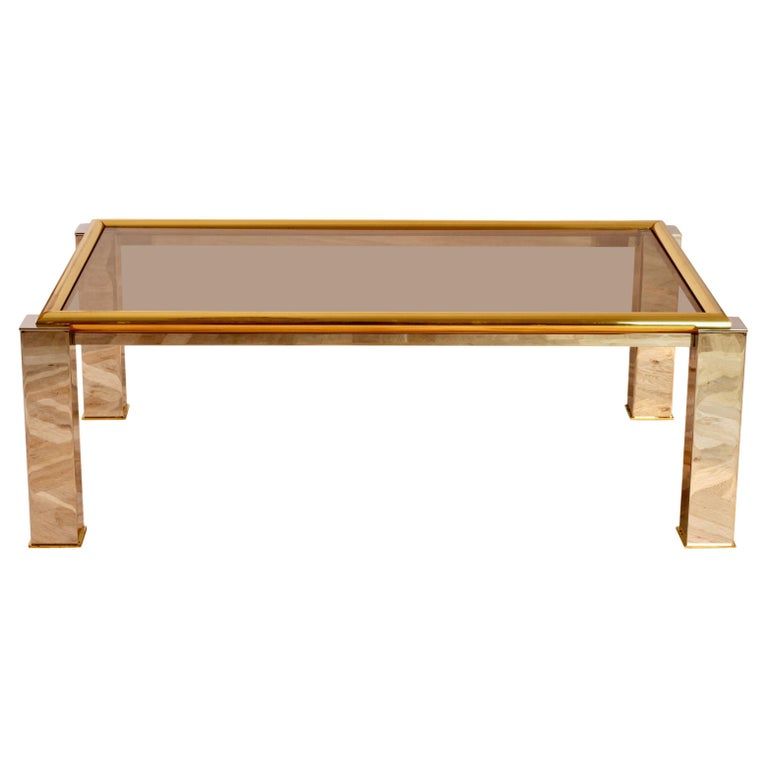 Large Bicolor Brass and Chrome Smoked Glass Coffee Table 1970s Springer Style added by Cimon Greenfield