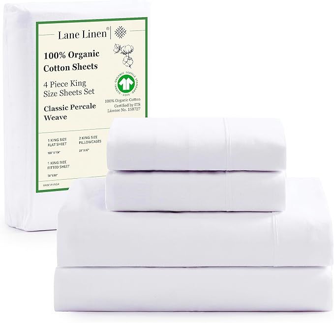 LANE LINEN 100% Organic Cotton King Size Sheets Set, Soft & Comfy All Season Breathable Sheets King Size, Percale Weave Fully Elasticized Eco Friendly Naturally Cooling King White Bed Sheets added by Raquel Guerrero