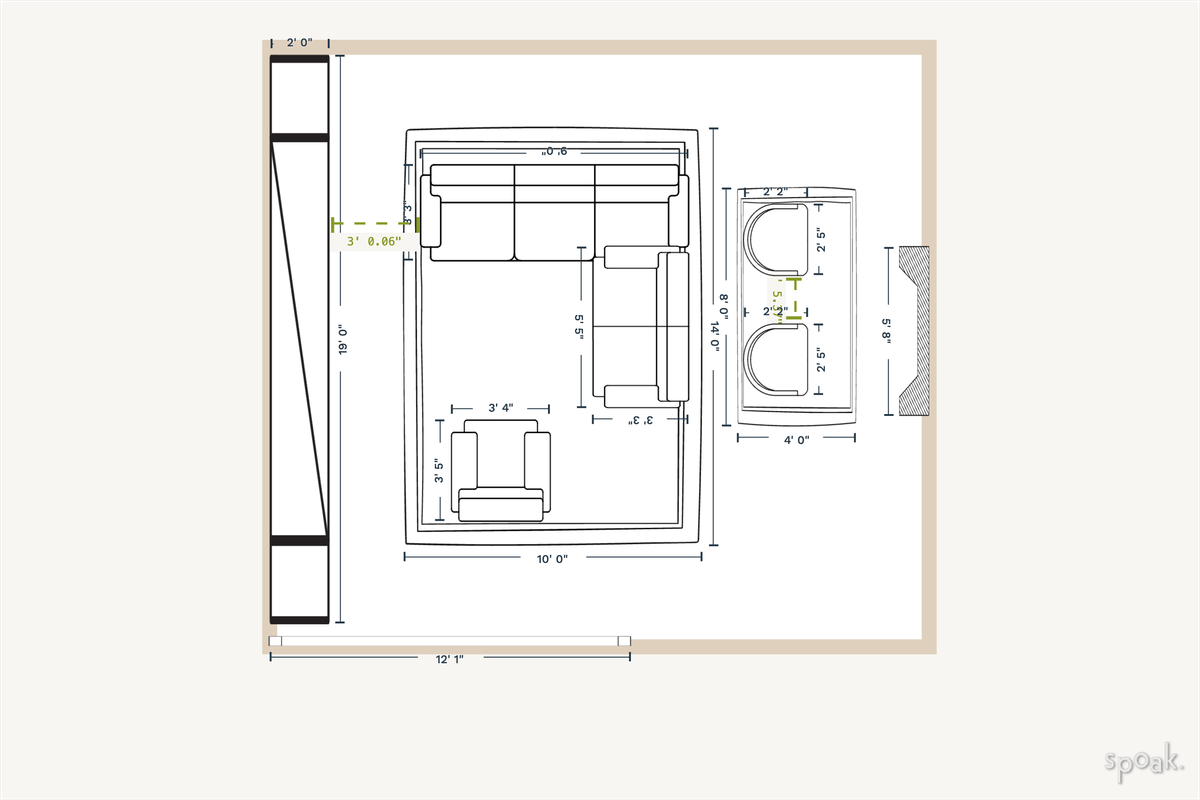 Large Square Family Room Floor Plan designed by Sarah Schoeneberg