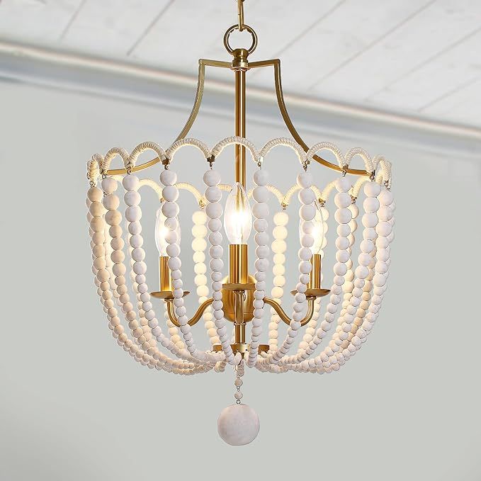 Boho Bead Chandelier, 3-Light Wood Beaded Gold Chandelier Light Fixture for Nursery Entryway Foyer Hallway Bedroom, Solid White Wood Beads, Electroplated Brass Metal added by KATHERINE ECK