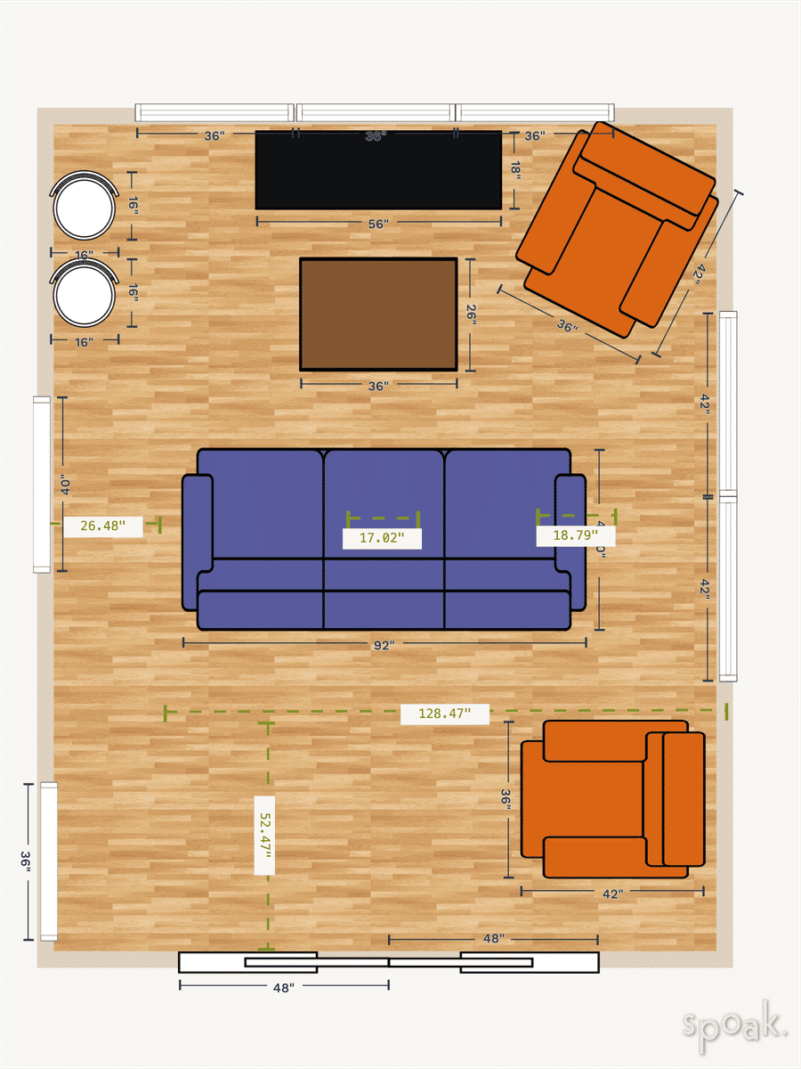Square Living + Dining Room Floor Plan designed by Aaron Phillips