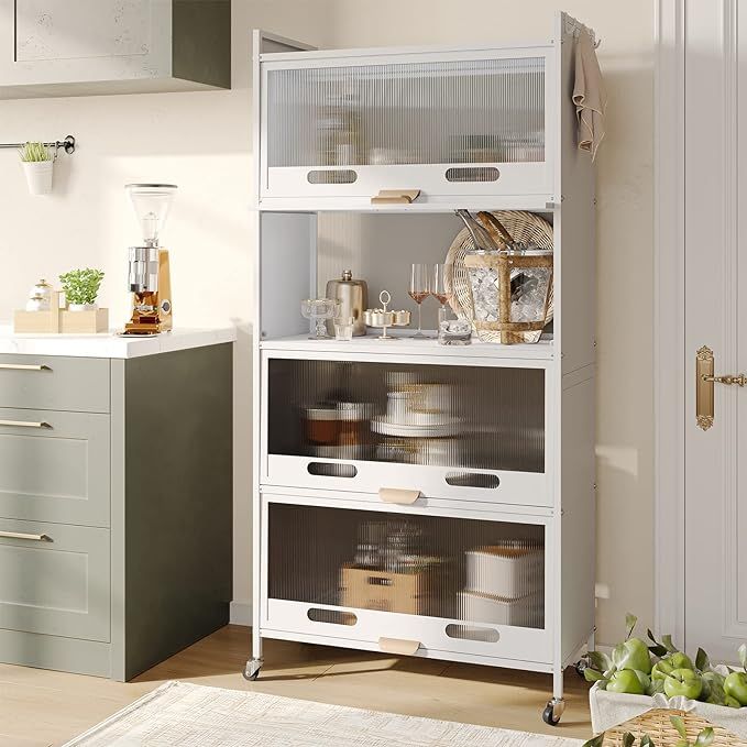 NETEL Kitchen Bakers Rack, Microwaves Rack Storage Rack 5 Tiers, Kitchen Microwave Stand with 4 Hooks,Kitchen Storage Shelf Rack for Spices, Pots and Pans, with of Brakeable Casters - White added by Sarah Jackson