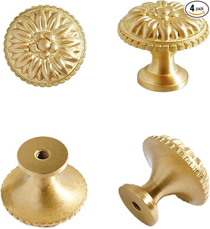4PCS Gold Brass Drawer Knobs - Solid Copper - Gold Brass Cabinet Knobs – Decorative Knobs - Vintage Antique Flower Round Brushed Gold Solid Brass Drawer Cabinet Dresser Knob Pull Handle added by SABi iNTERIORS