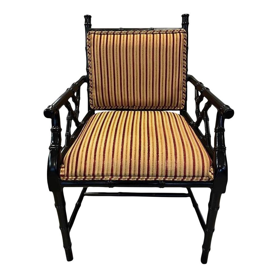 Late 20th Century Vintage Faux Bamboo Black Lacquer Upholstered Back Chinoiserie Chinese Chippendale Chair added by Jennifer Hickey