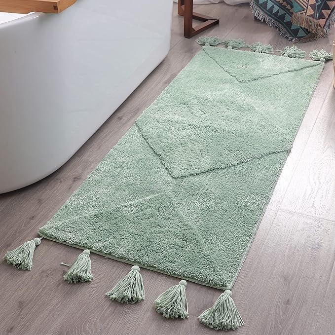 Mint Green Boho Runner Rug with Tassels Long Light Green Bath Mat Teal Bathroom Rugs Large Sage Green Bath Mats Bohemian Aqua Teal Runners Cute Earthy Bathroom Home Decor Dorm Room Non Slip 20x60 added by Jennifer Call