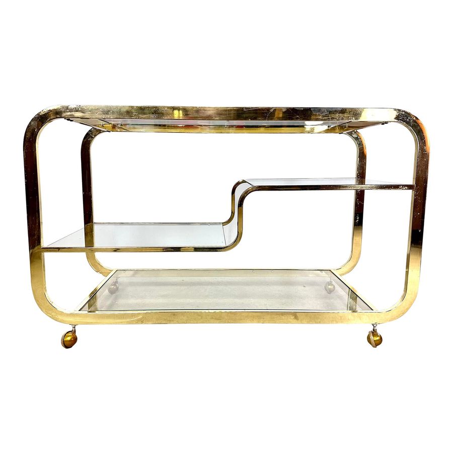Mid Century Modern Milo Baughman Style Gold Tone and Glass Bar Cart by Dia added by Katie Archer
