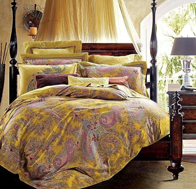 Eikei Vintage Botanical Flower Print Bedding 400tc Cotton Sateen Romantic Floral Scarf Duvet Cover 3pc Set Colorful Antique Drawing of Summer Lilies Daisy Blossoms (Queen, Mustard) added by Tiana Olivo