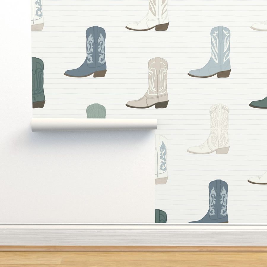 Cowboy Boots in Blue and Green with Wallpaper | Spoonflower added by sallie tyler