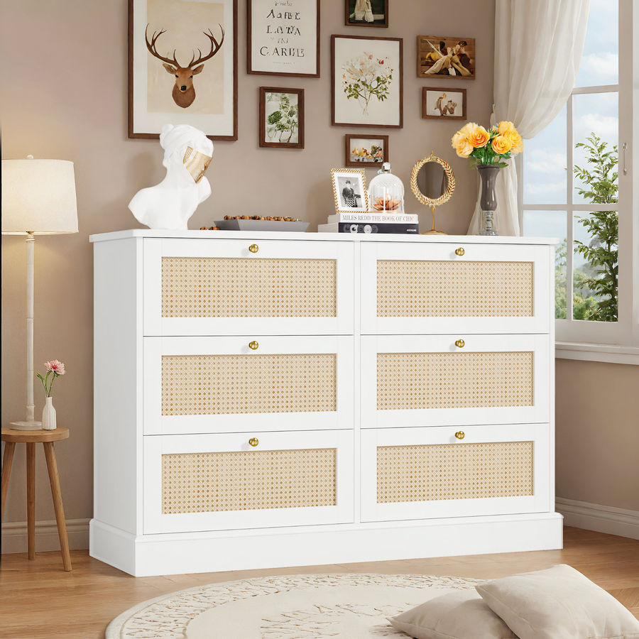 Beachcrest Home™ Beaudin 44.5"W 6 Drawer Rattan Dresser, White Chest of Drawers for Bedroom & Reviews | Wayfair added by sara catherine cushing