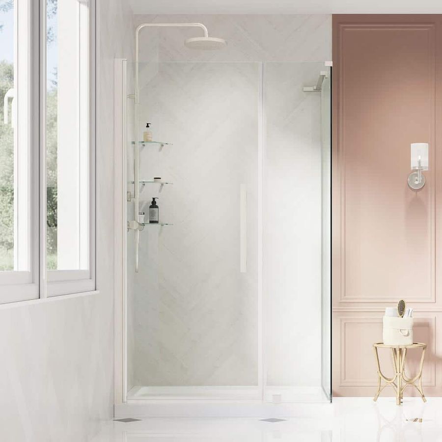 OVE Decors Pasadena 48 in. L x 34 in. W x 72 in. H Corner Shower Kit w/Pivot Frameless Shower Door in SN w/Shelves and Shower Pan 828796085632 - The Home Depot added by Zanneta Peart Bennett